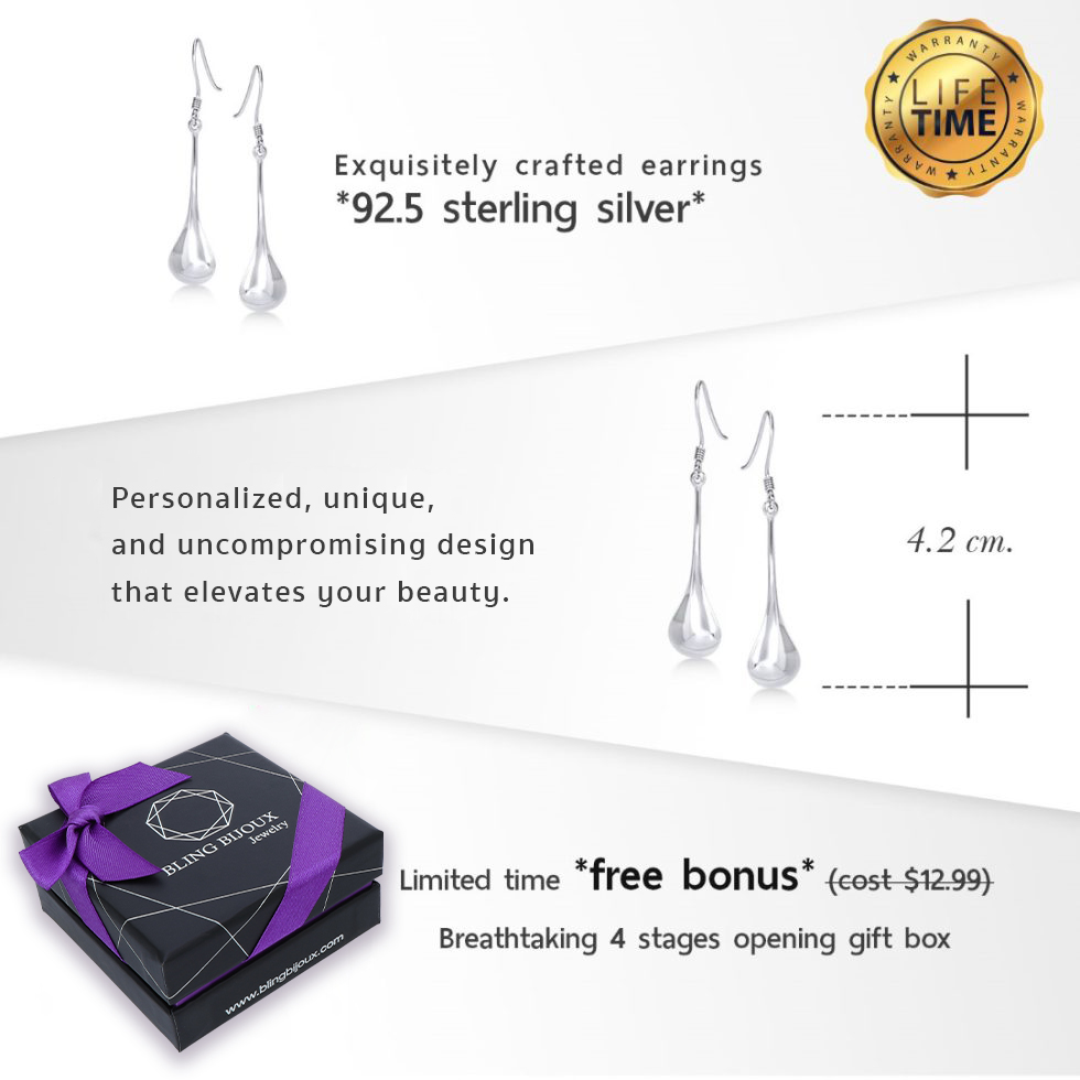 Classic Style Smooth Elegant Teardrop Dangle Drop Earrings in Pure 925 Sterling Silver