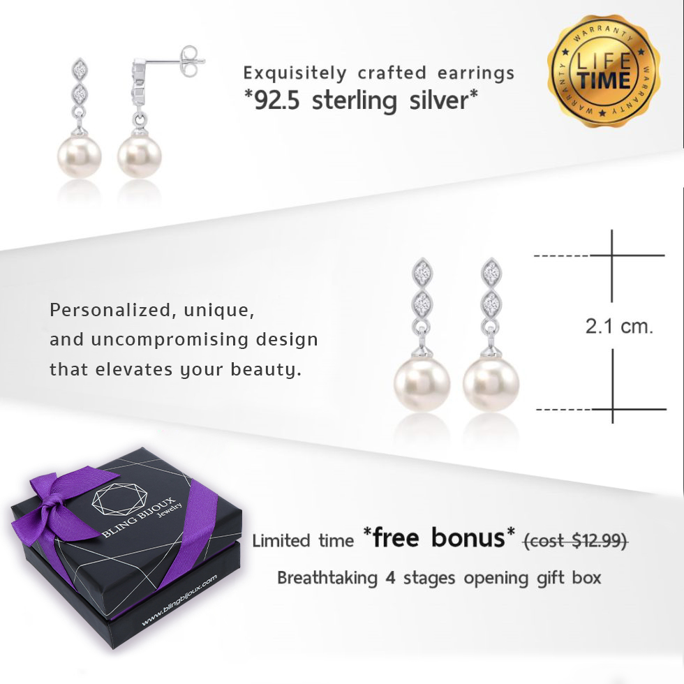 Elegant Natural Freshwater Pearl & Cubic Zirconia Dangle Drop Earrings in 925 Sterling Silver