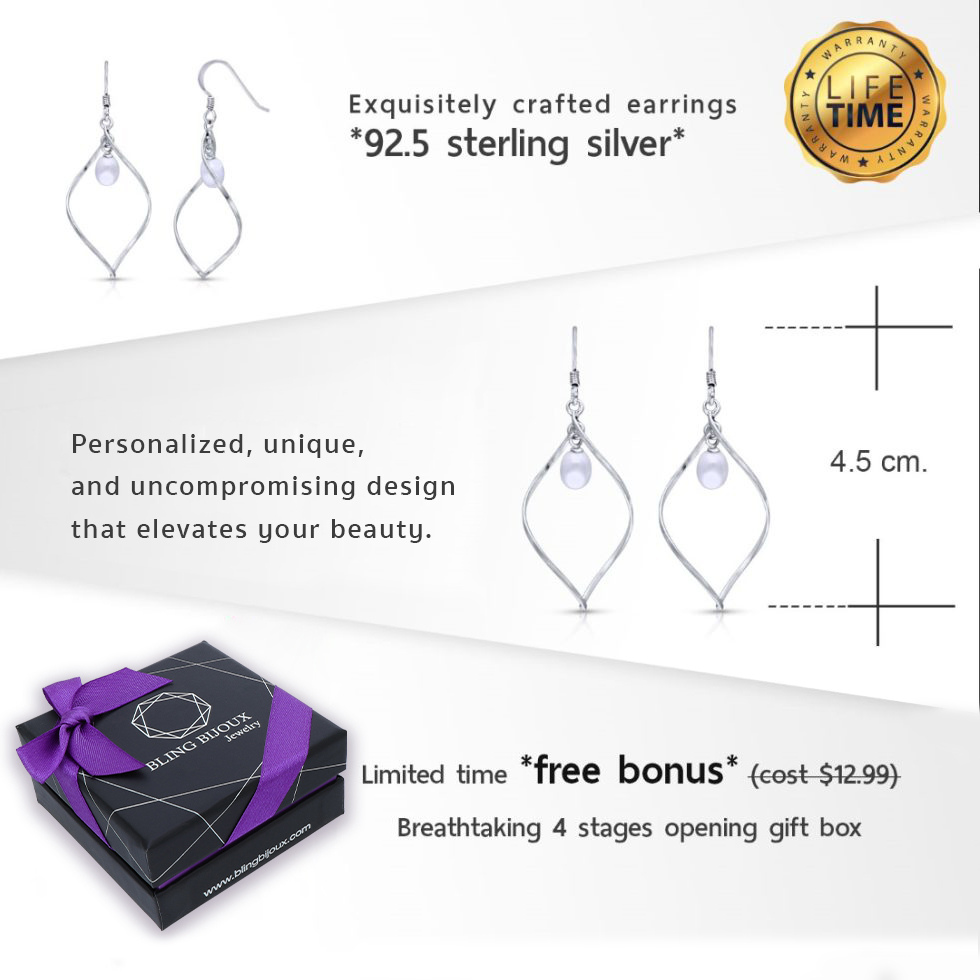 Elegant Open Spiral and Freshwater Pearl Dangle Drop Earrings in Pure 925 Sterling Silver