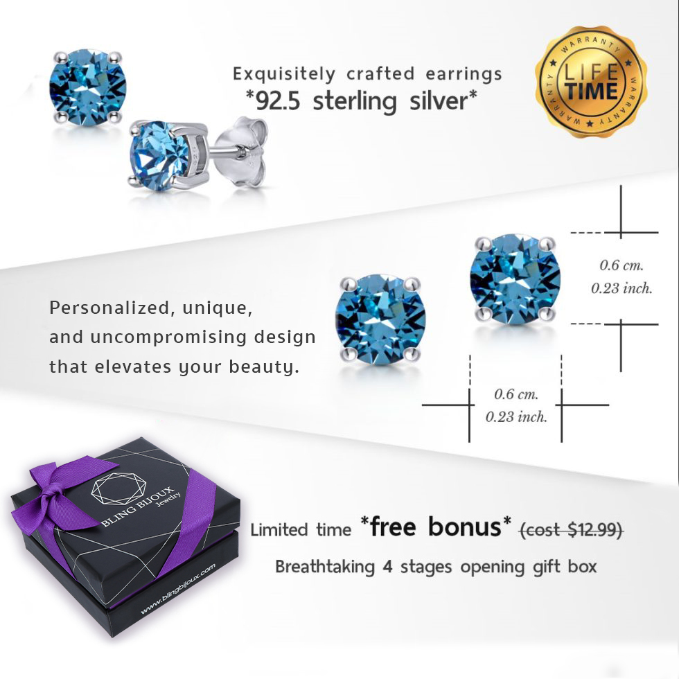 March Birthstone Round Cut Aquamarine Fire Swarovski® Crystal Earrings in 925 Sterling Silver