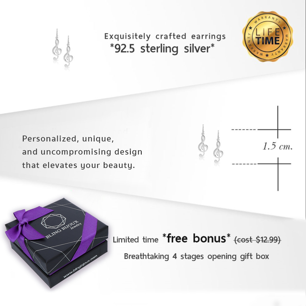 Melody Note Music Drop Dangle Earrings in Solid 925 Sterling Silver with Hypoallergenic Hooks