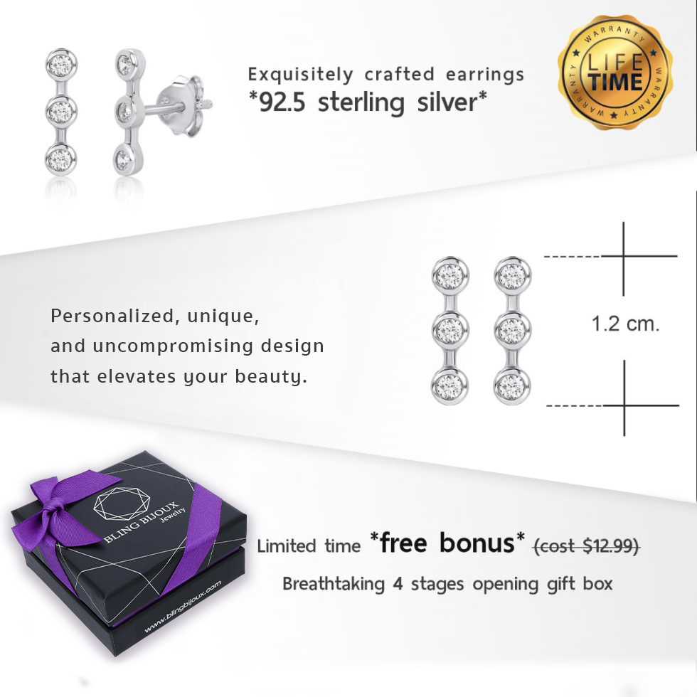 Minimalist Bar Stud Earrings with Bezel Set Cubic Zirconia Crystals in Genuine 925 Sterling Silver