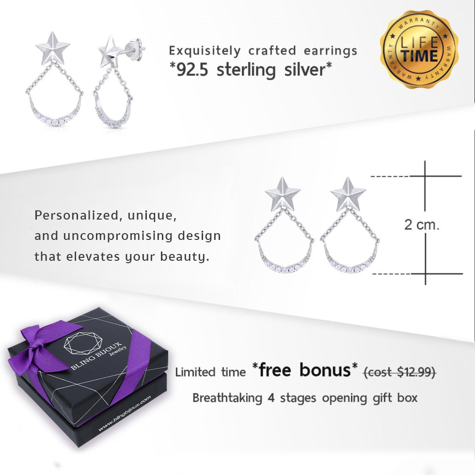 Moon & Star Dangling Stud Earrings with Chain and Cubic Zirconia Accents in Pure Sterling Silver