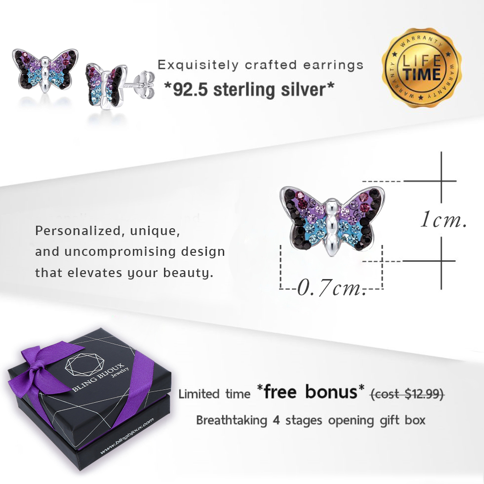 Purple and Blue Crystal Monarch Butterfly Stud Earrings in Allergy-Free 925 Sterling Silver for Girls