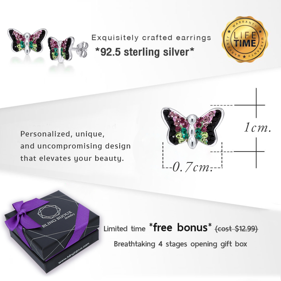 Purple and Green Crystal Monarch Butterfly Stud Earrings in Allergy-Free 925 Sterling Silver for Girls