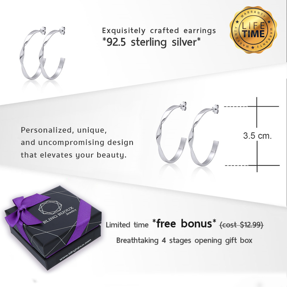 Real Solid 925 Sterling Silver Modern Chic Twisted Minimalist Semi Hoop Earrings