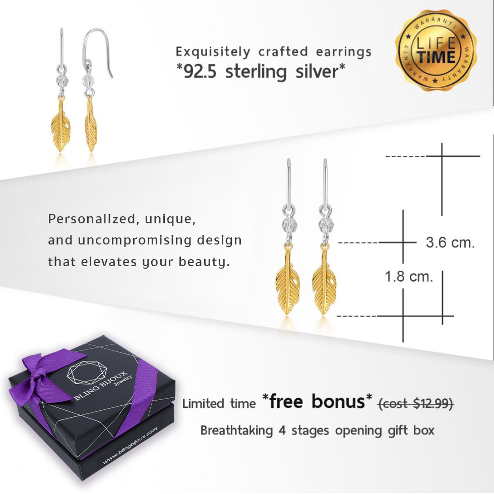 14K Yellow Gold Over Sterling Silver Boho Style Feather Leaf Drop Dangle Earrings with Crystal Beads