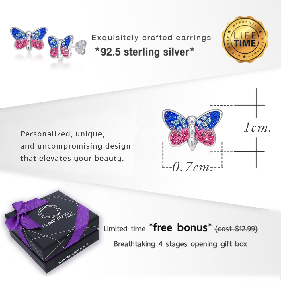 Blue and Pink Crystal Monarch Butterfly Stud Earrings in Allergy-Free 925 Sterling Silver for Girls