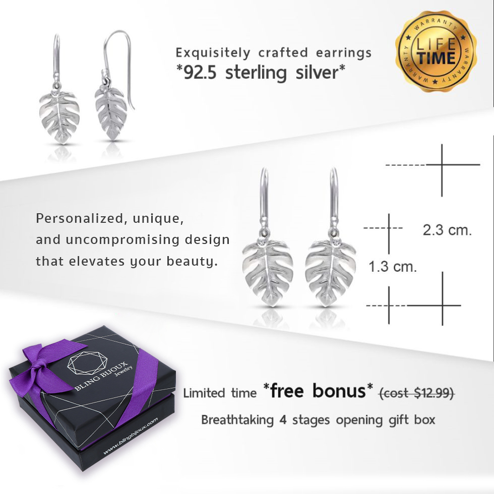 Botanical Garden Leaves Dangle Drop Earrings with Cubic Zirconia Accents in Natural 925 Sterling Silver