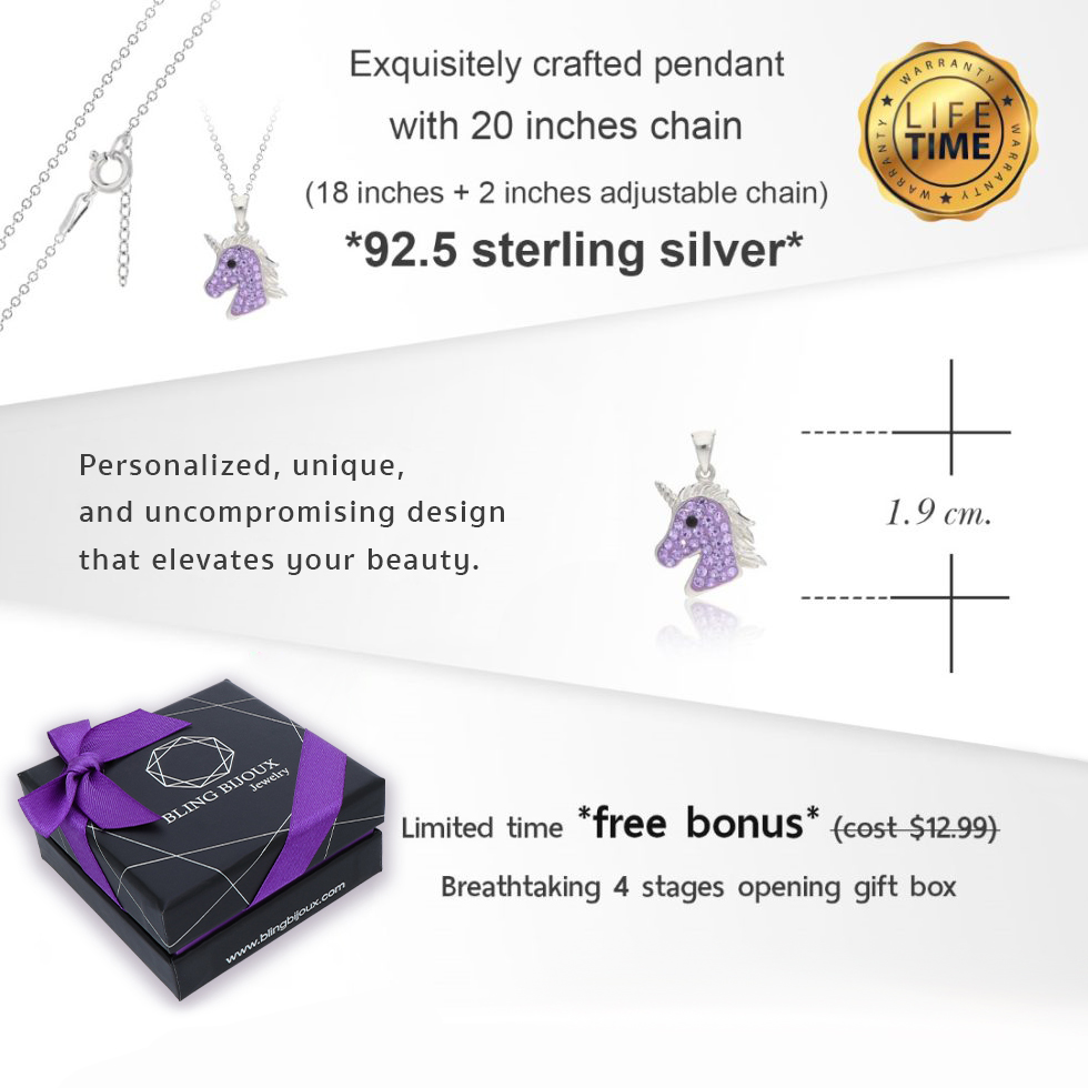 Mythical Purple Crystal Unicorn Pendant with Chain Necklace in Pure 925 Sterling Silver