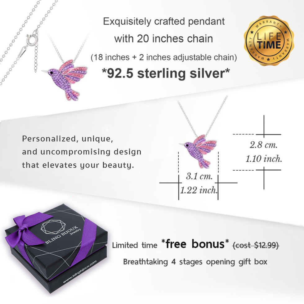 Shades of Purple Flying Hummingbird Crystal Pendant Necklace in Genuine 925 Sterling Silver for Girls